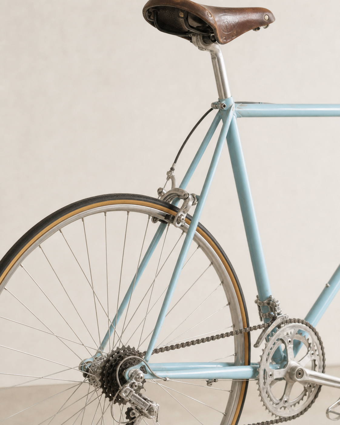 Rear detail of the Bianchi Folgore showing its saddle, brake, freewheel, derailleur and chain