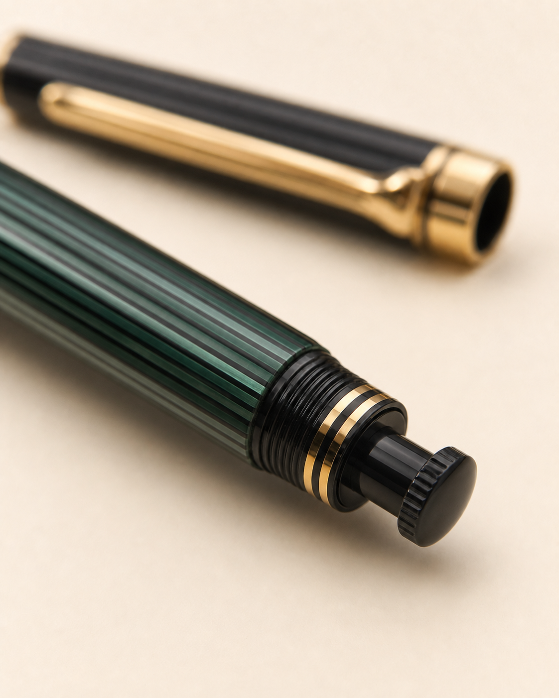 Close view of the Pelikan 400NN showing its green-striped barrel, piston knob and gold trim