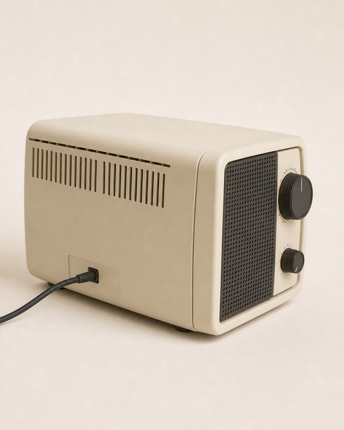 Rear three-quarter view of the Braun table radio showing its ventilation, cabinet seam and power lead