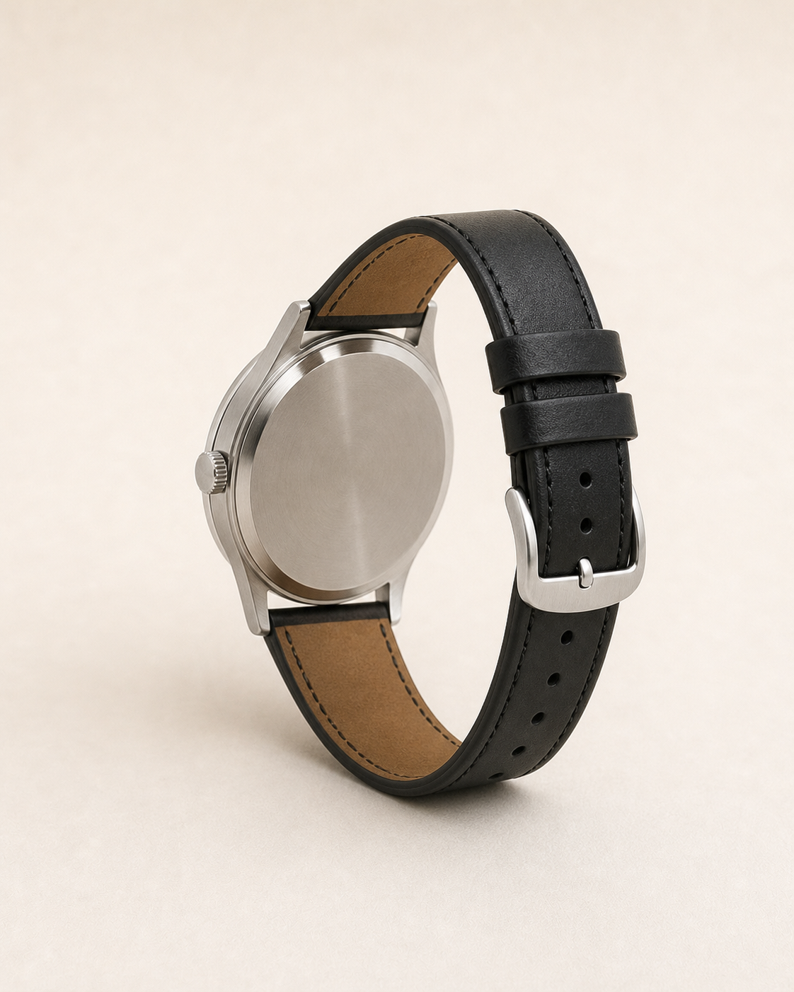Rear three-quarter view of the Omega 30T2 showing its caseback and leather strap