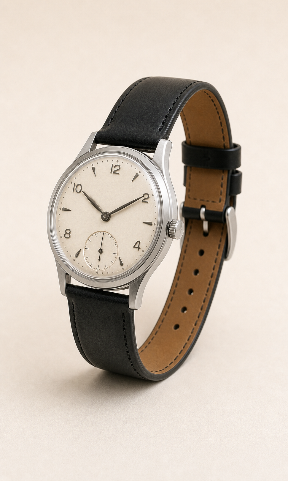 Crown-side three-quarter view of the Omega 30T2 showing its steel case, lugs and leather strap