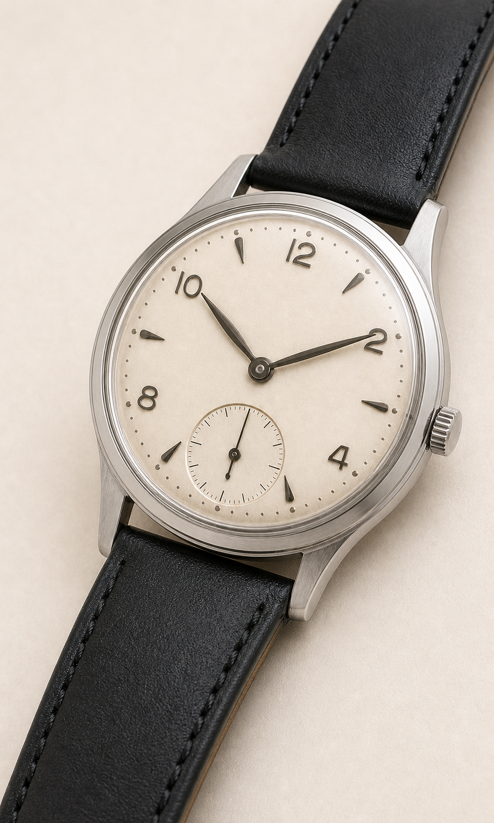 Close view of the Omega 30T2 showing its cream dial, hands, numerals and small-seconds register