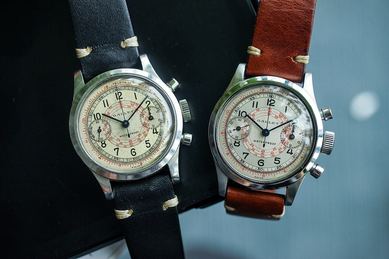 Two vintage Gallet MultiChron Clamshell chronographs with cream dials and leather straps